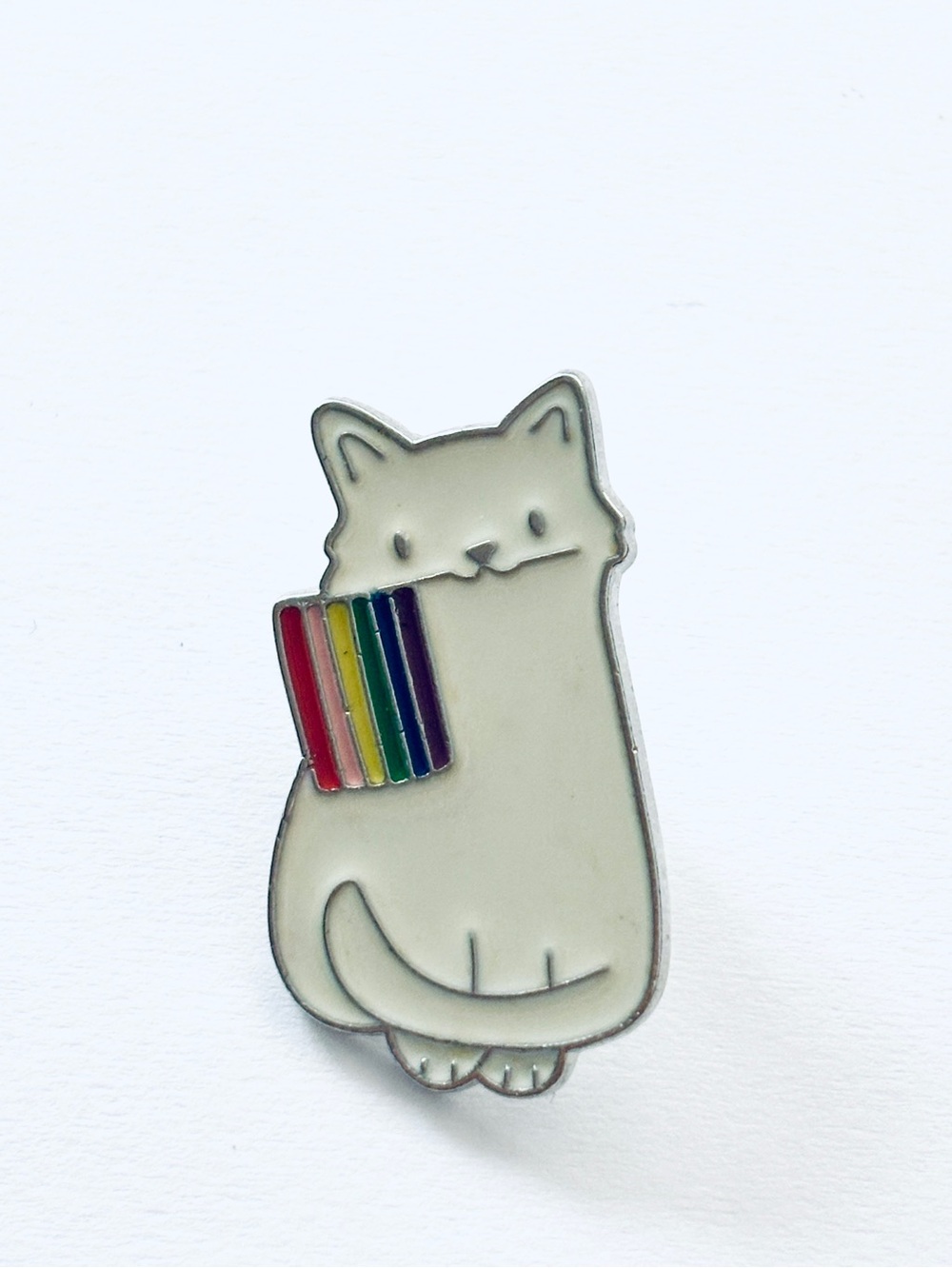 Unisex White Cat Enamel Pin with Rainbow Flag, NWT